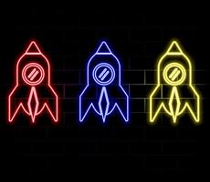 Neon light glow effect. Startup rocket line icon. Launch Project sign. Innovation symbol. 3d line neon glow icon. Brick wall banner. Startup rocket outline. vector