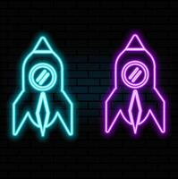 Neon light glow effect. Startup rocket line icon. Launch Project sign. Innovation symbol. 3d line neon glow icon. Brick wall banner. Startup rocket outline. .blue color vector