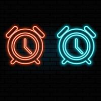 Alarm clock with bright glowing futuristic blue neon lights on black background. 3D icon, sign and symbol. Cartoon minimal style. 3D render illustration.blue color vector