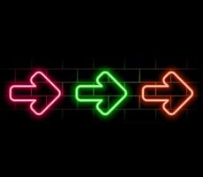 Neon right arrows colourful icons set. Realistic glowing pointers on transparent background. Location indicator for casino, bar, cinema, nightclub and motel, isolated symbol pack..pink vector