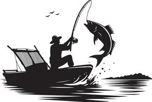 Silhouette of a fisherman with trout Fishing, triumphant pose,isolated on white background vector