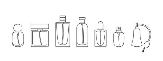 Linear perfume bottles set. Fragrance, essence, toiletry flask. Women's perfume with different scents. Line art. Editable stroke. Sign, logo, symbol. isolated on white. vector