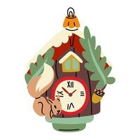 Soviet Christmas tree toy. A house with a clock and a walking squirrel with an acorn, a glass toy. Cute illustration in vintage colors. Festive decorations for New Year and Christmas that can be hung vector