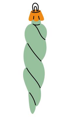 A Soviet Christmas tree toy. A green elongated icicle drop with twisted stripes, a glass toy. Cute illustration in vintage colors. Festive decor items for New Year and Christmas that can be hung