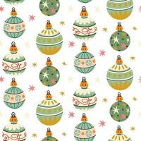 pattern of Soviet round-shaped Christmas tree toys. Toys made of glass. illustration is made in vintage colors, objects with round patterns on white. Festive decor items for decorating Christmas tree vector