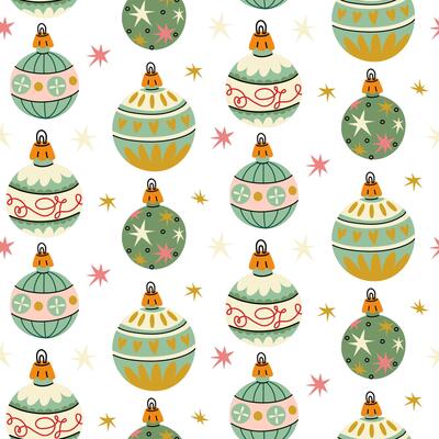 pattern of Soviet round-shaped Christmas tree toys. Toys made of glass. illustration is made in vintage colors, objects with round patterns on white. Festive decor items for decorating Christmas tree