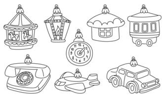 a set of contoured Soviet Christmas tree toys. Glass toys. Airplane, car, carousel, crew, house, birdhouse, clock, vintage illustration, various objects. Elements of festive decor for a New Year tree vector