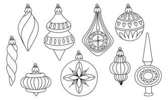 set of doodle Soviet Christmas tree toys of various shapes. Glass toys. illustration is made in contour, objects are round, elongated, and cute. Festive decor items for decorating the Christmas tree vector