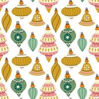 pattern of Soviet Christmas tree toys of various shapes. Glass toys are colorful. illustration is made in delicate colors, objects are round, elongated, diverse. Seamless color texture for printing vector