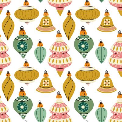 pattern of Soviet Christmas tree toys of various shapes. Glass toys are colorful. illustration is made in delicate colors, objects are round, elongated, diverse. Seamless color texture for printing