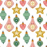 pattern of Soviet Christmas tree toys of various shapes. Glass toys are colorful. illustration is made in vintage colors, the objects are round, elongated, varied. Seamless color texture for printing vector