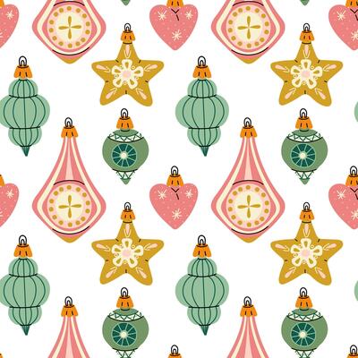 pattern of Soviet Christmas tree toys of various shapes. Glass toys are colorful. illustration is made in vintage colors, the objects are round, elongated, varied. Seamless color texture for printing