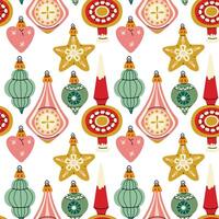 A pattern of Soviet Christmas tree toys of various shapes. Glass toys. The illustration is made in vintage colors, the objects are round, elongated, and diverse. Seamless texture for printing vector