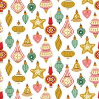 A pattern of Soviet Christmas tree toys of various shapes. Glass toys. The illustration is made in vintage colors, the objects are round, elongated, and varied. Seamless color texture for printing vector
