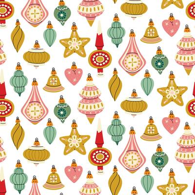 A pattern of Soviet Christmas tree toys of various shapes. Glass toys. The illustration is made in vintage colors, the objects are round, elongated, and varied. Seamless color texture for printing