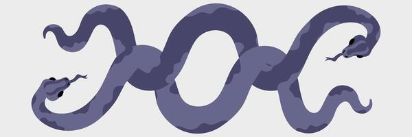 Two snakes are intertwined with modern geometric patterns of snakeskin in shades of future twilight. Minimalistic flat design with dark background. Animals top view isolated in shades of blue. 2025 vector