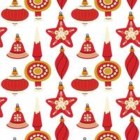 pattern of Soviet Christmas tree toys of various shapes. Glass toys in red colors. illustration is made in vintage colors, the objects are round, elongated, and diverse. Seamless texture for printing vector