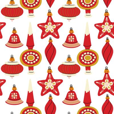 pattern of Soviet Christmas tree toys of various shapes. Glass toys in red colors. illustration is made in vintage colors, the objects are round, elongated, and diverse. Seamless texture for printing