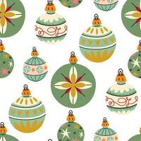 pattern of Soviet round-shaped Christmas tree toys. Glass toys. The illustration is in vintage colors, the objects with round drawings are cute. Festive decor items for decorating the Christmas tree vector