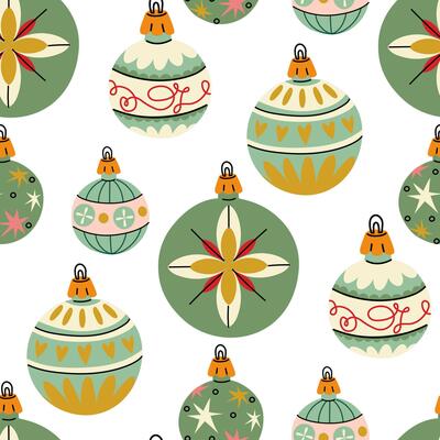 pattern of Soviet round-shaped Christmas tree toys. Glass toys. The illustration is in vintage colors, the objects with round drawings are cute. Festive decor items for decorating the Christmas tree