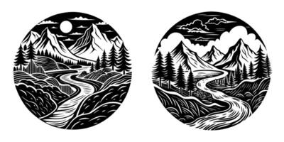 Set of two monochrome illustrations with mountains, forest and river vector