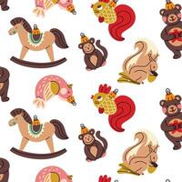 A pattern of Soviet Christmas tree toys. Glass toys. Animals bear, monkey, bird, squirrel, fish, horse, illustrations in vintage colors, forest motifs, objects. Festive texture for printing vector