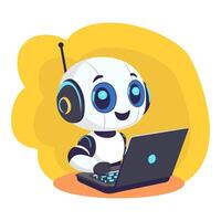 A friendly robot with a happy face, big sparkling eyes, works on a laptop vector