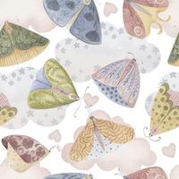 Boho Butterfly seamless pattern with clouds and stars on the white background. Hand drawn watercolor charming celestial illustration in soft pastel colors for baby nursery decor designs. vector