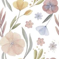 Boho flowers and leaves seamless pattern with branch and twig on the white background. Hand drawn watercolor charming floral illustration in soft pastel colors for baby nursery decor designs. vector