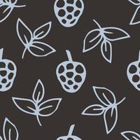 Simple seamless pattern, spring summer season. Light blue hand-drawn outline of berries, leaves on a dark gray, brown background. For prints of fabrics, textile products, wrapping paper. vector