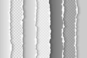A set of torn paper edges on various gray shades background. The illustration of realistic ripped paper effects for design elements, frames, borders in graphic design projects vector