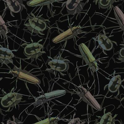 Green and brown bugs on black textured background with silhouettes of insects. Dark gothic illustration with scarab beetle, musk beetle. Wild nature. Camouflage style.
