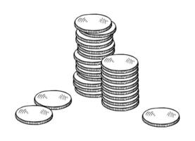 illustration of a stack of coins currency. This hand drawn sketch features various coins, symbolizing financial growth and wealth management. The black and white outline art vector