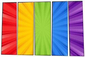 Comic book template. Radial rays background with halftone effect in pop-art style divided with frames on colorful blocks. Page backdrop composition. vector