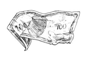 illustration of crumpled dollar banknotes. Hand drawn detailed sketch showing worn out, folded currency. Ideal for financial graphics, vintage designs, or sticker and print applications vector