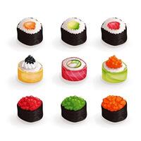 Japanese cuisine collection. Set of various fresh and delicious sushi rolls. illustration of healthy food for takeout, bar or restaurant menu. vector
