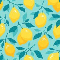 seamless pattern of fresh lemons on a turquoise background. Bright colorful print with juicy citrus fruits in a trendy hand drawn style. Summer design for fabric, paper, advertising, wallpaper vector