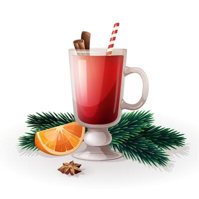 design of hot mulled wine with cinnamon sticks, anise star, orange slice and fir branches. Christmas traditional beverage. Illustration of classic winter drink for bar and restaurant menu.