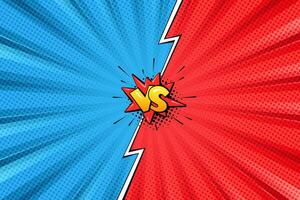 Versus pop art background template for cartoon comic book page or poster. Radial rays backdrop with halftone effect and lightning in comics style design. Red vs blue competition. vector