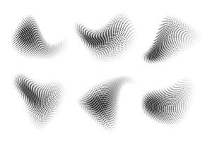 Set of abstract curved liquid shapes with halftone dotted texture on white background. Graphic fluid waves with spray gradient effect vector