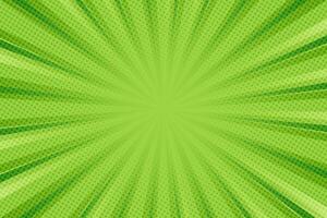 Pop art background for poster or book in green color. Radial rays backdrop with halftone effect in comics style design vector