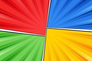Comic book page background template. Radial rays backdrop with halftone effect in pop-art style design vector