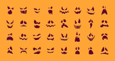 Halloween collection of pumpkin faces on orange background. Cartoon design of scary and smiling monsters and ghosts for jack-o- lantern cutting templates. Fall holiday spooky decoration set. vector