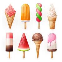 Dessert collection. Set of various delicious ice cream including lolly ice, cones with different topping and fruit ice. illustration of healthy food for takeout, bar or restaurant menu. vector