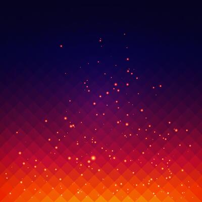 Abstract gradient background in bright shades with diamond grid pattern and fire sparks effect. Scattered glowing particles resembling fireflies or stars