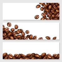 Banners set of roasted coffee beans scattered over a white surface with empty space. Background template of blank frames for a restaurant or cafe. Realistic illustration. vector