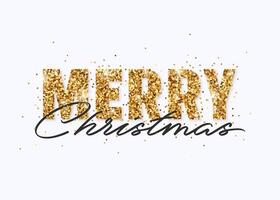 Merry Christmas gold glitter design for greeting card, festive poster, website header. Festive lettering with shining sparkling confetti. vector