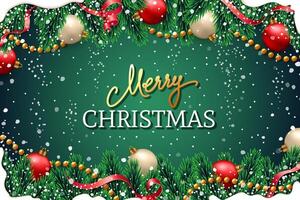Merry Christmas banner with fir branches decorated with ribbons, red and gold balls, garlands and snow frames on green background. Festive design for Xmas posters, greeting cards, website headers vector