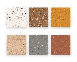 A collection of six seamless terrazzo patterns in various earth tones. Abstract mosaic background with natural stone texture perfect for interior design, flooring, wallpaper or textile projects. vector