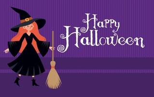 Halloween witch on background with the text, Happy Halloween, in purple tones vector